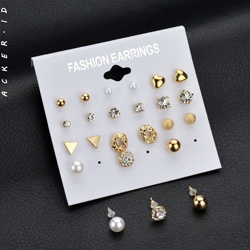 [ACKER] 12 Pasang Mode Square Tape Set Anting Bunga Mutiara Imitasi Untuk Wanita