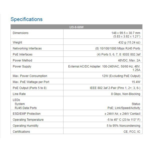 Ubiquiti US-8-60W Unifi Switch Managed 8Port Gigabit 60Watt