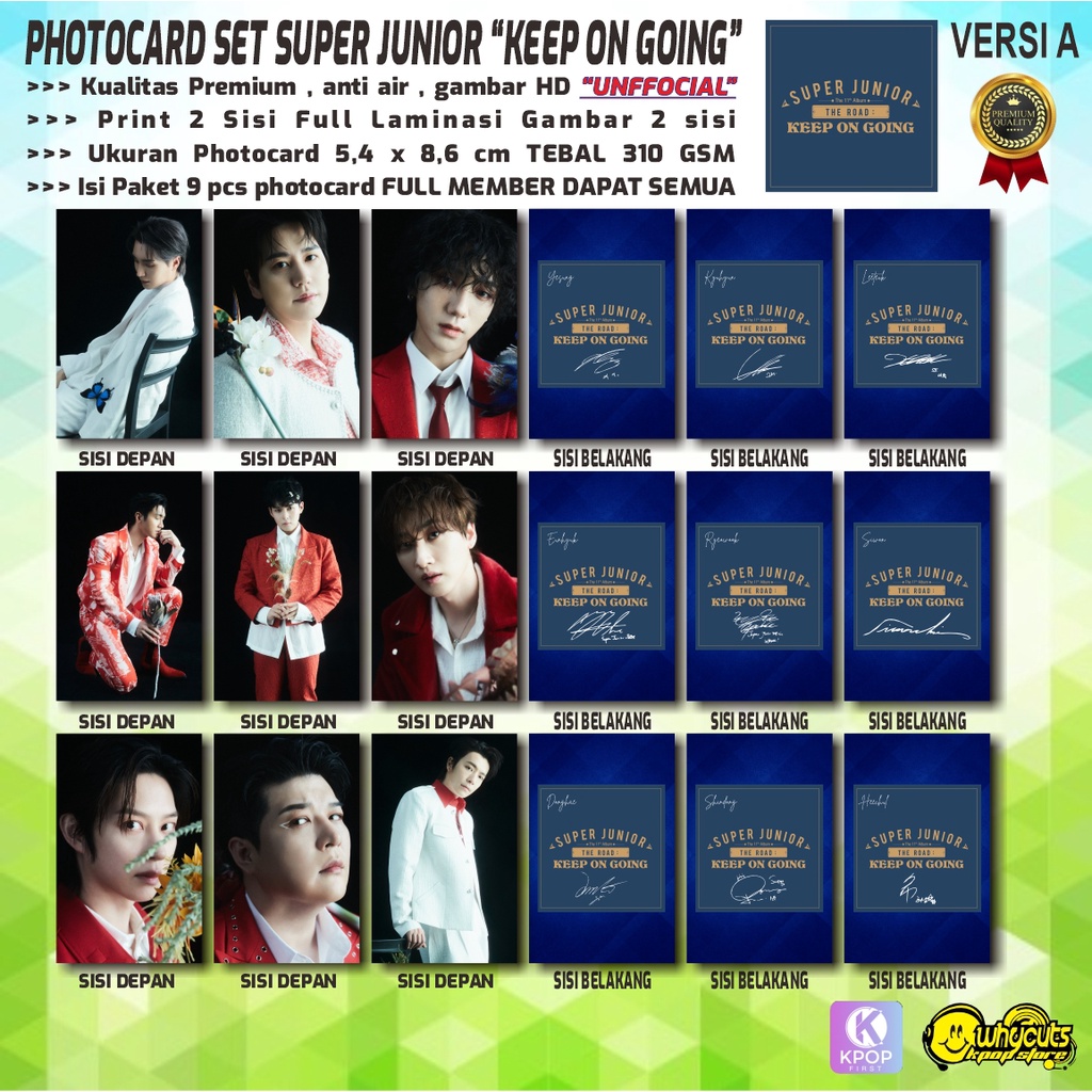 PHOTOCARD FULL SET PREMIUM UNOFFICIAL SUPER JUNIOR KEEP ON GOING / PRINT 2 SISI FULL GLOSSY LAMINASI / ANTI AIR / ISI 9 PCS