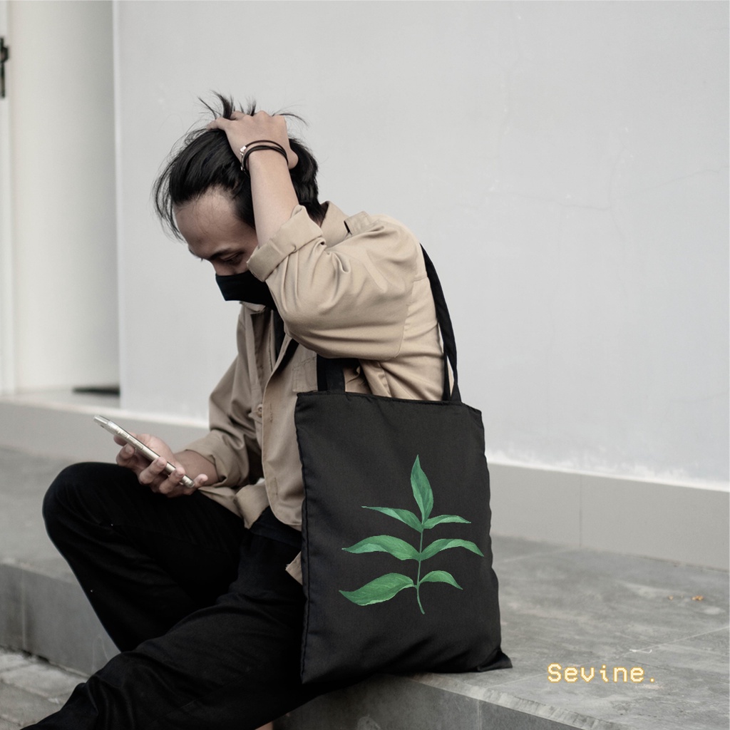 Sevine Totebag Tas Wanita Tote bag Resleting Laptop Fashion Tropical Leaf Black Series - TRP5