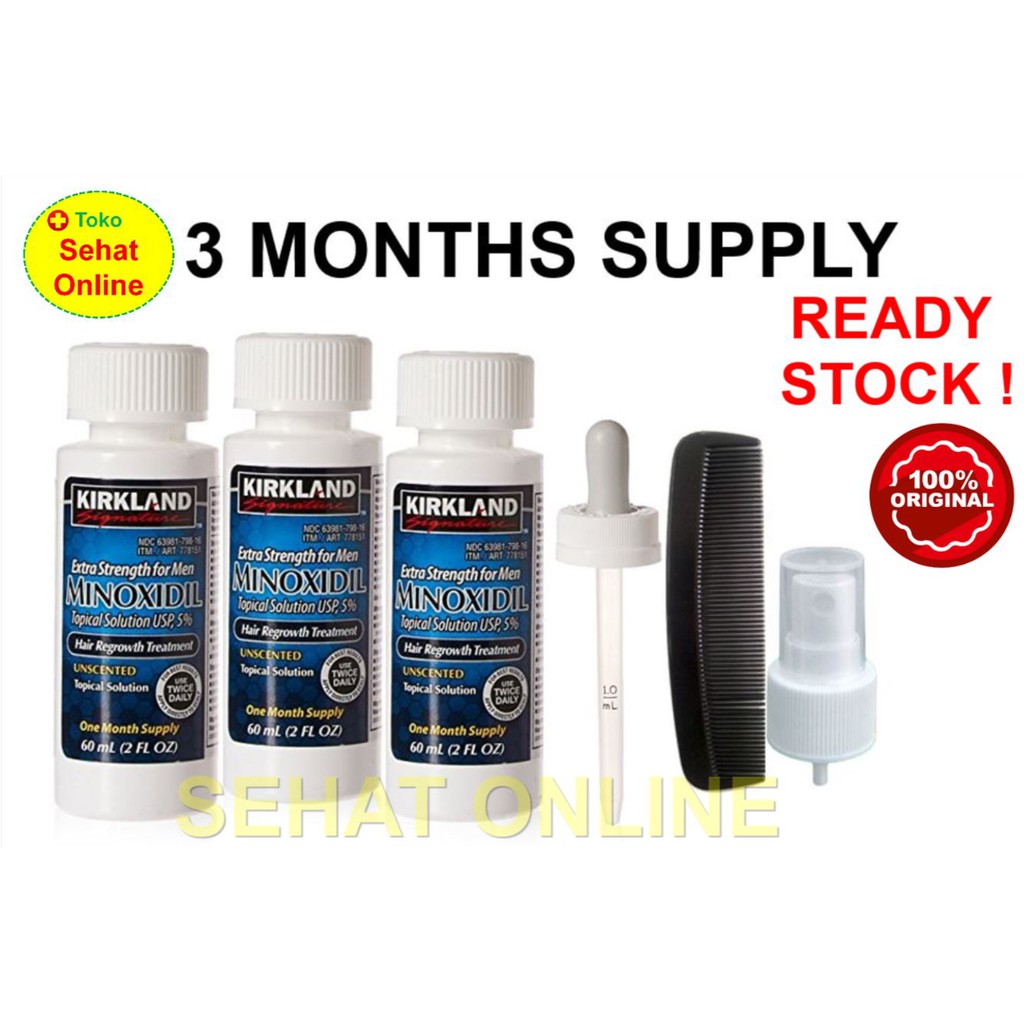 (3 botol) Kirkland Minoxidil 5% Extra Strength 60 ml untuk 3 bulan + PIPET ORI + SISIR