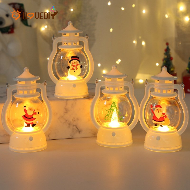 Lampu Malam LED Bentuk Lentera Minyak Santa Claus Snowman Gaya Retro Untuk Dekorasi Natal