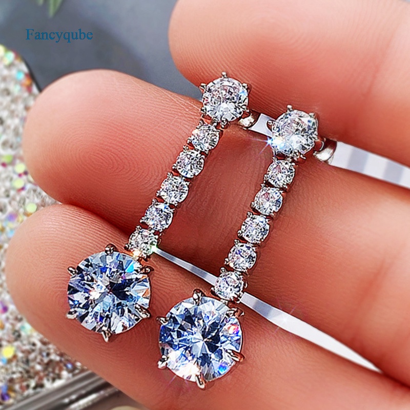 Fancyqube Anting Juntai Cubic Zirconia Aaa Warna Silver Untuk Wanita