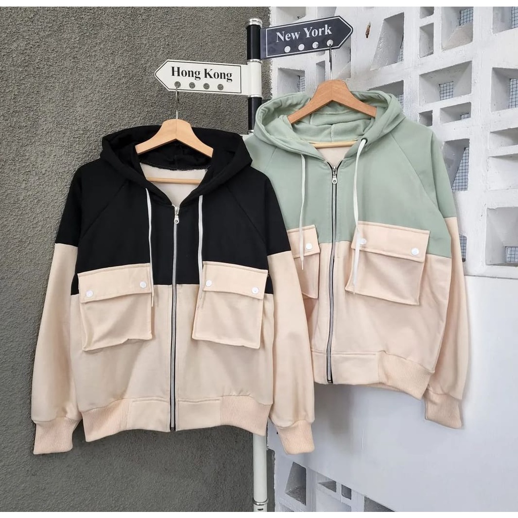 TWO TONE JACKET POCKET WANITA | SWEATER JAKET OVERSIZE COMBINE | Jaket Outfit Wanita Korean Style Wanita