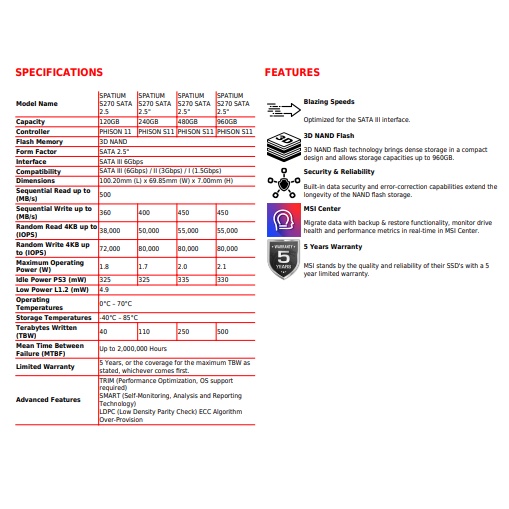 MSI SSD Spatium S270 120GB Sata 3 SSD 120 GB 2.5&quot;