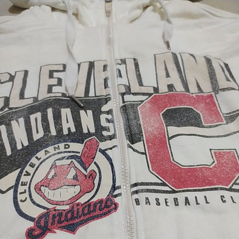 Zipper Hoodie MLB Cleveland Indians putih tulang