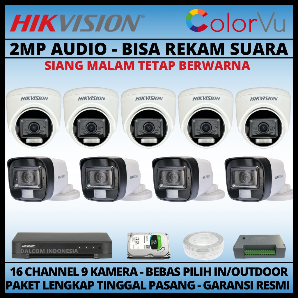 PAKET CCTV HIKVISION COLORVU 2MP 16 CHANNEL 9 KAMERA COLORFUL