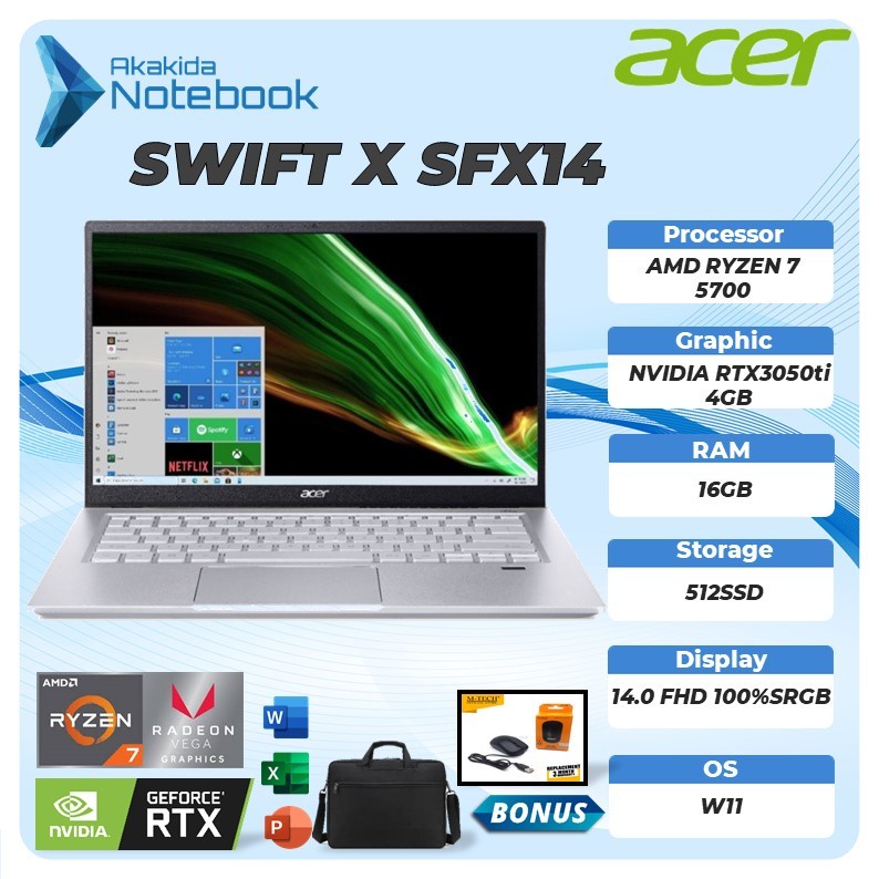 ACER SWIFT X SFX14 RYZEN 7 5700 RAM 16GB 512SSD RTX3050TI 4GB 100%SRGB