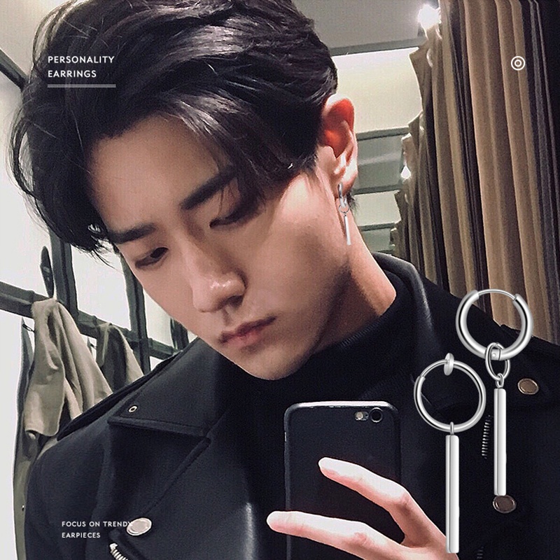 Anting Panjang Lurus Bahan Titanium Steel Gaya Hip Hop Korea Untuk Pria Dan Wanita