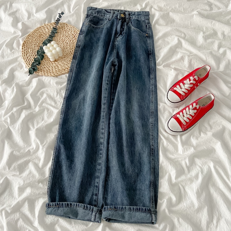 【COD】biru retro korean style high waist lurus celana jeans wanita longgar Import