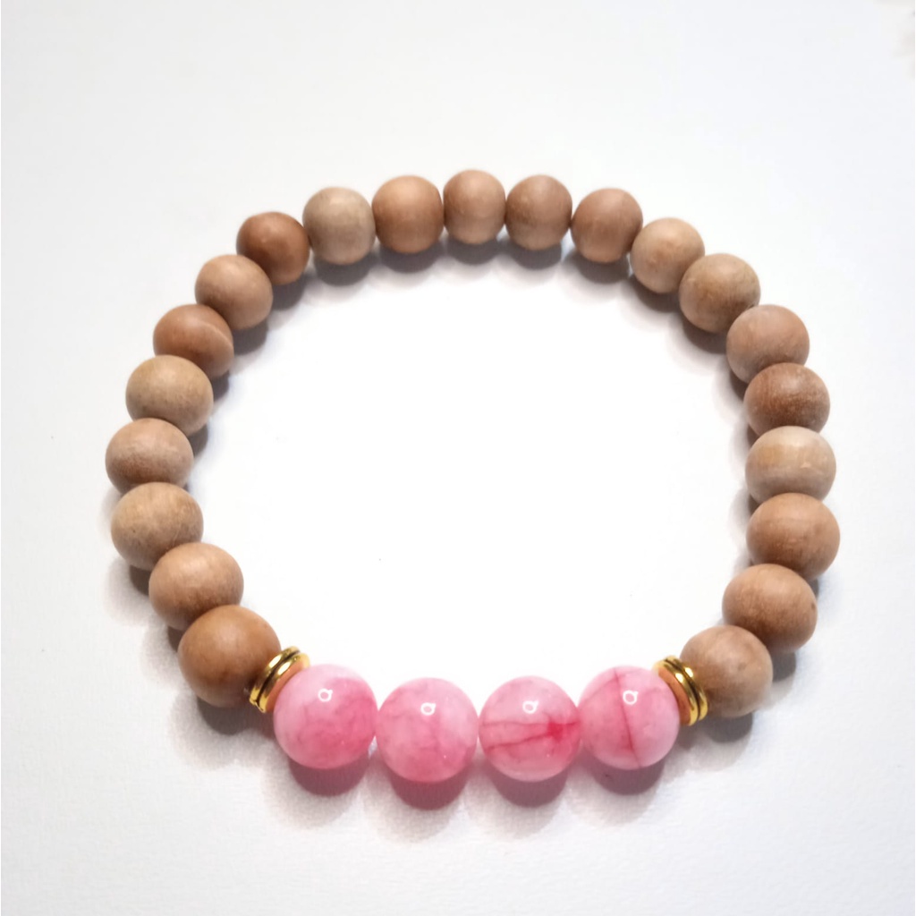 Gelang Batu Original Handmade Kayu Cendana Kombinasi Batu Alam Pink Burneo