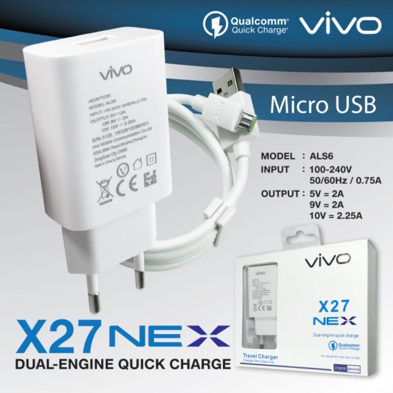 Charger Vivo X27 Nex Dual Micro USB Support Fast Charging Original OEM Travel Adaptor Quallcom Android