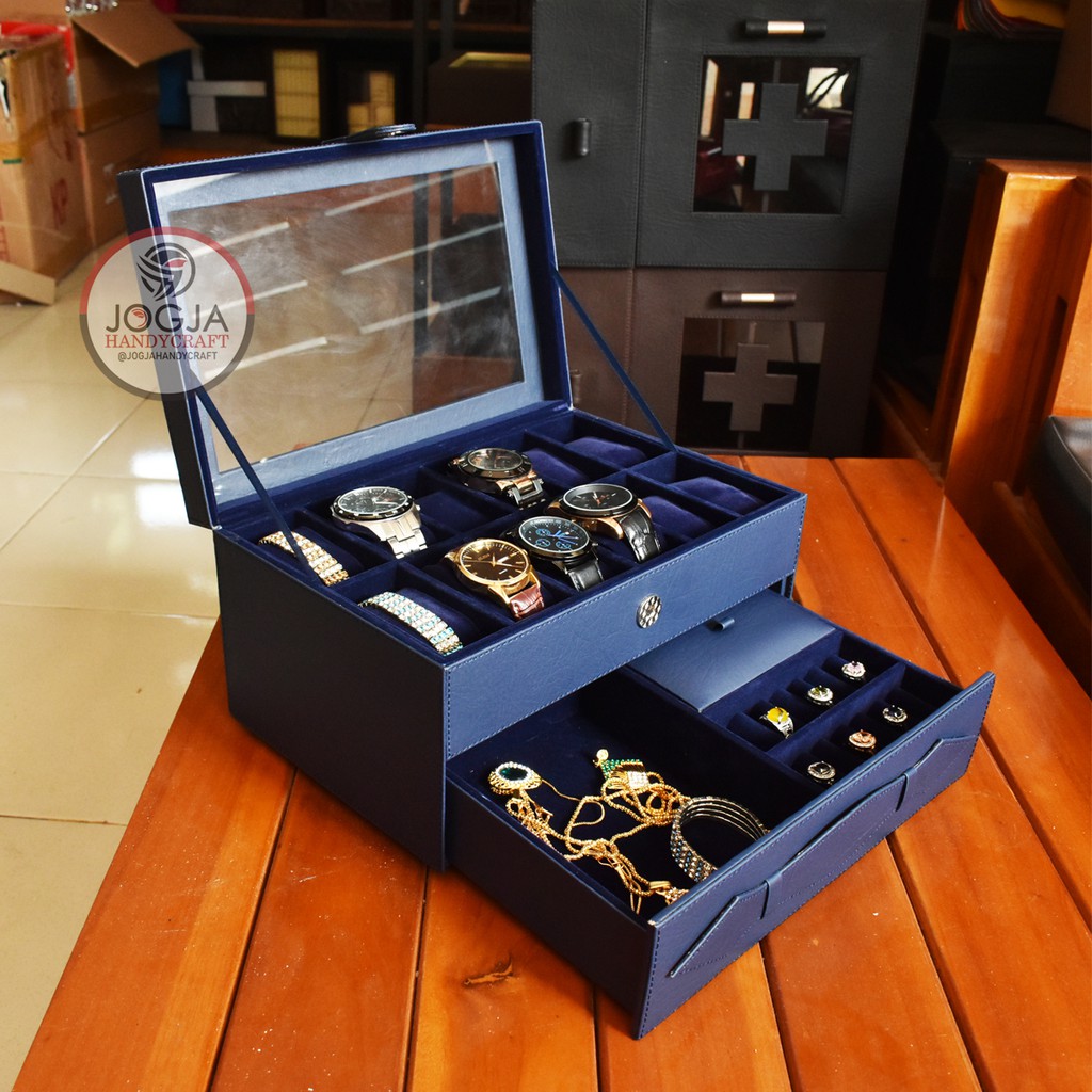 Kotak Tempat Jam Tangan isi 12 Laci Tempat Perhiasan Watch Box Accesories Organizer Jogja Handycraft