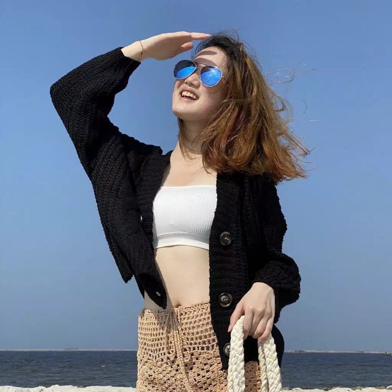 cardigan rajut crop (oversize) || cardigan rajut 7get tebal premium-Hitam