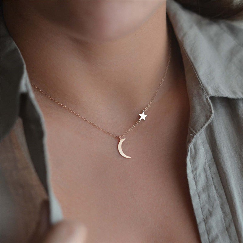 【COD Tangding】Moon Star Pendant Choker Necklace Gold Silver Long Chain Women's Jewelry