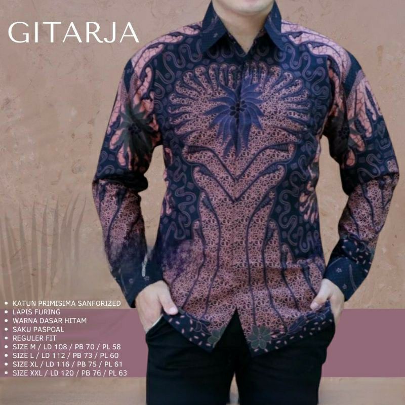 GITARJA Atasan Kemeja Batik Pria Lapis Furing PREMIUM Lengan Panjang Batik Solo Asli Warna Pink LILAC Hitam  SUKET SEGORO Baju seragam batik ungu  mahkota prastowo