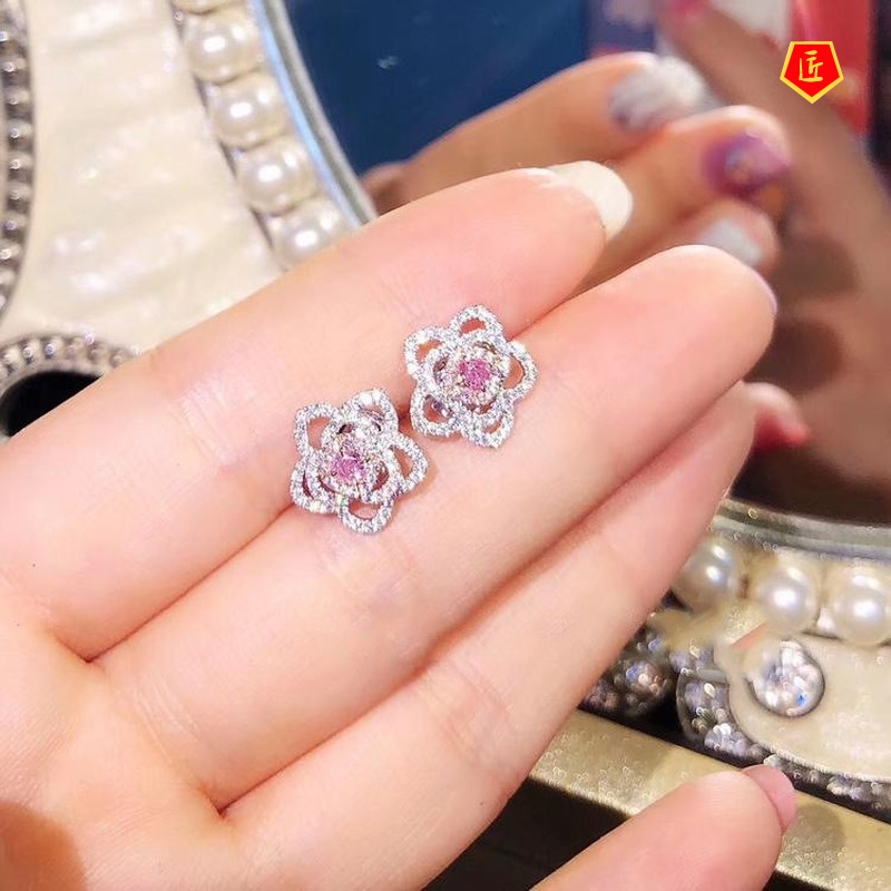 [Ready Stock]Luxury Flower Pink Diamond Stud Earrings