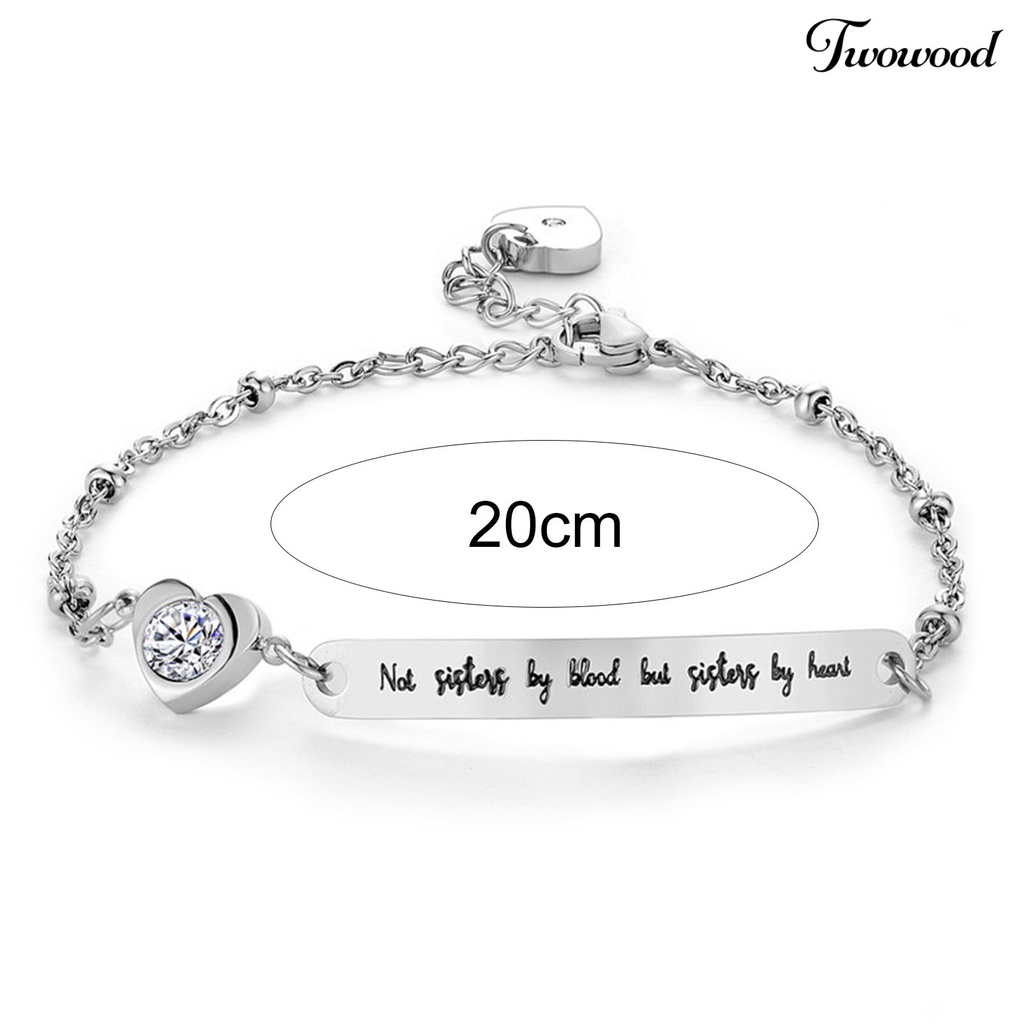 Twowood Letter Print Adjustable Women Bracelet Titanium Steel Curved Plate Heart-shaped Dangle Bracelet Jewelry Accessory