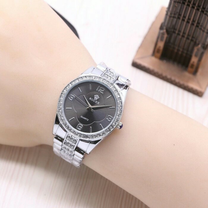 jam tangan wanita rolex laris / jtr 1172 silver plat hitam