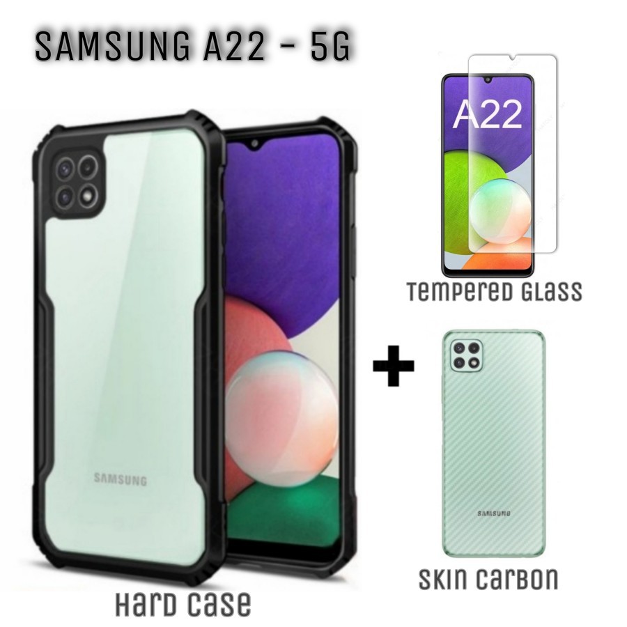 Hard Case SAMSUNG GALAXY A22 5G Paket Tempered Glass dan Skin Carbon Handphone Samsung A22 5G