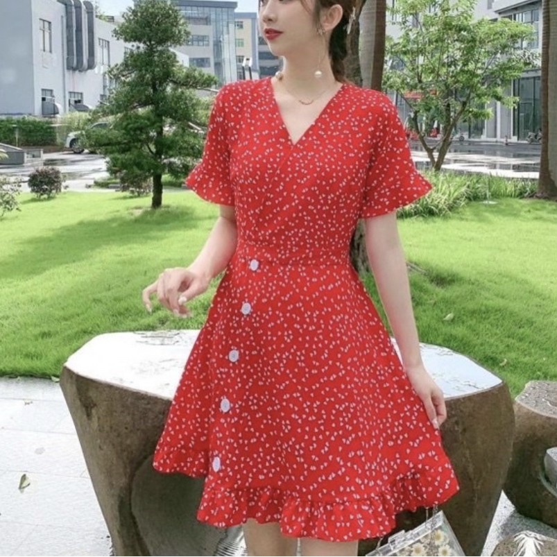 MIDI DRESS RED CASUAL KOREAN STYLE IMPORT PREMIUM NEW ARRIVAL ALL SIZE