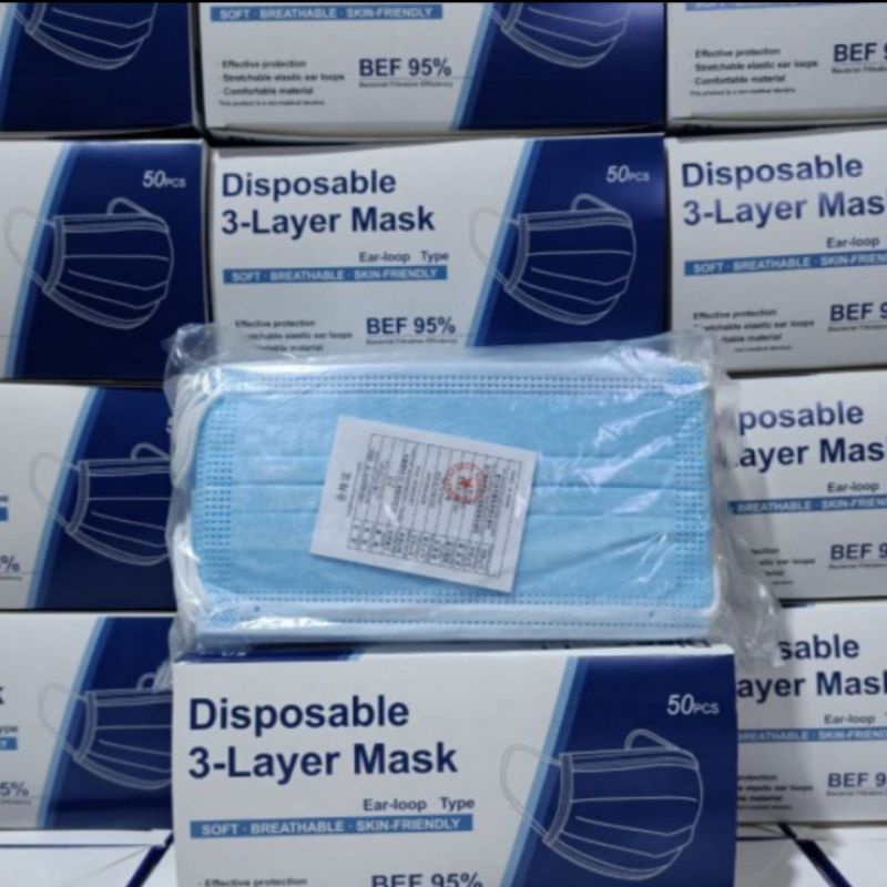 Masker Disposable Earloop 3ply biru, hrg 1box isi 50pcs