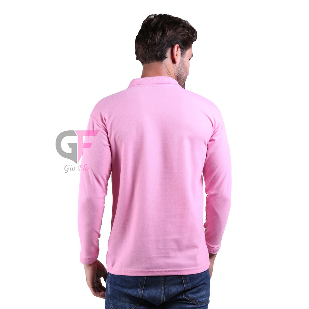 GIOFLO Kaos Santai Casual Kaos Kerah Panjang Cowok Pink / PLS 177