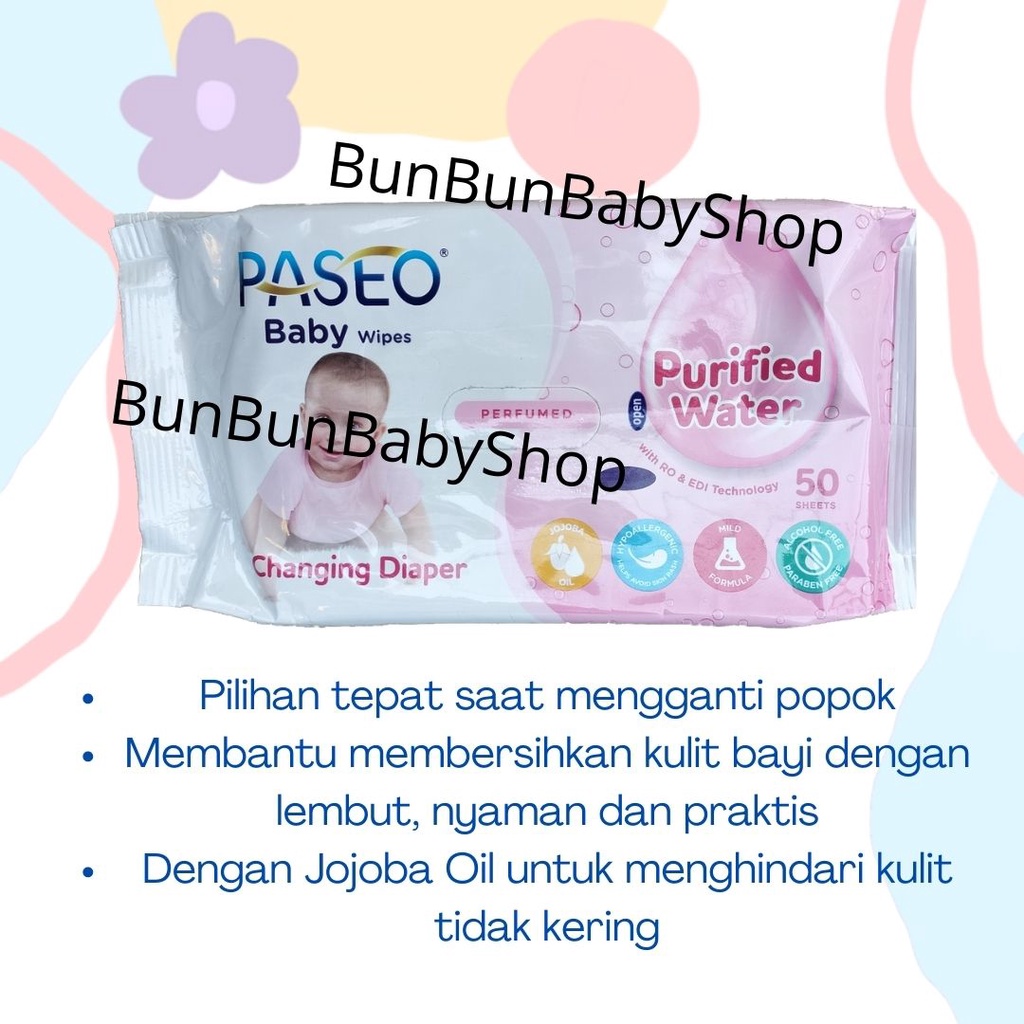 Paseo Baby Wipes Tissue Basah Tisu Wipe Purified Water Perawatan Perlengkapan Bayi Baru Lahir Newborn New Born 50 BunBunBabyShop