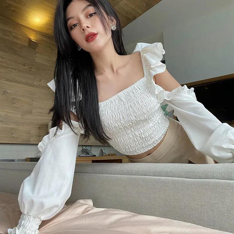 impor French square neck off-shoulder daun teratai lengan pinggang kemeja wanita Chic manis peri lip