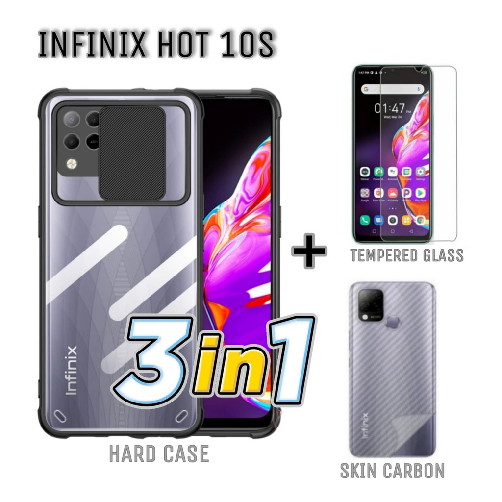 Case INFINIX HOT 10S Paket 3in1 Hard Case Fusion Shield Transparant Free Tempered Glass dan Garskin