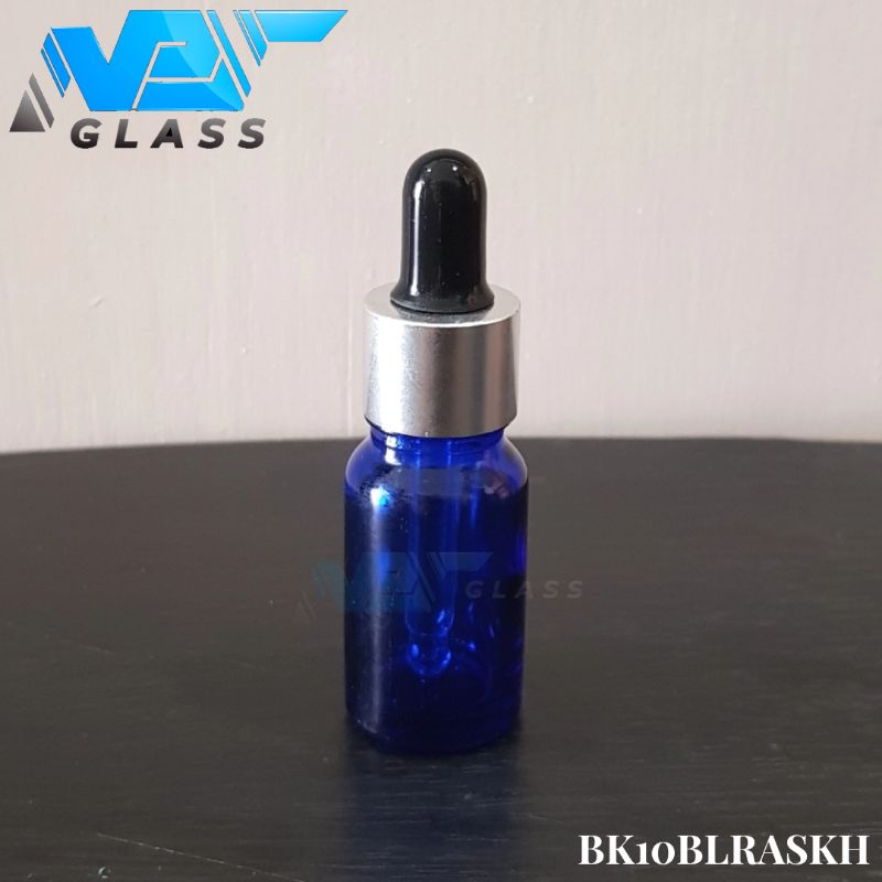 botol kaca pipet 10ml tebal biru - ring almunium silver