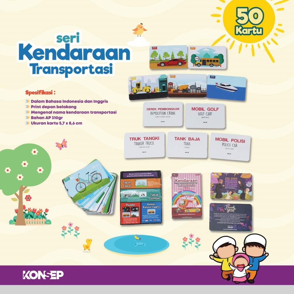 Flash Card Kendaraan - Kartu Belajar Anak Bergambar - Konsep Studio Original