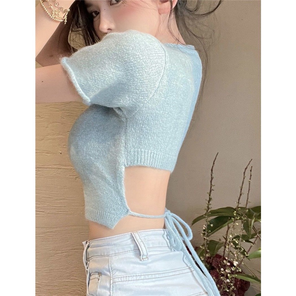 Buktikan atasan kekinian crop top summer chic design sense niche pure sweet babes sexy backless knitted short-sleeved t-shirt women s strappy crop top baju import kaos wanita korean style