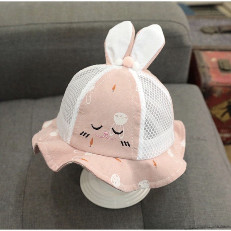 Topi Bucket Anak Bayi Telinga Bentuk Rabbit Carrot Ruffle-Pink tua jaring