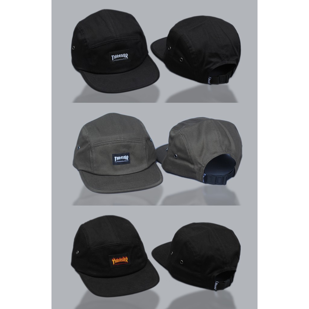 Topi Thrasher Font & Flame 5 Panel Camp Cap