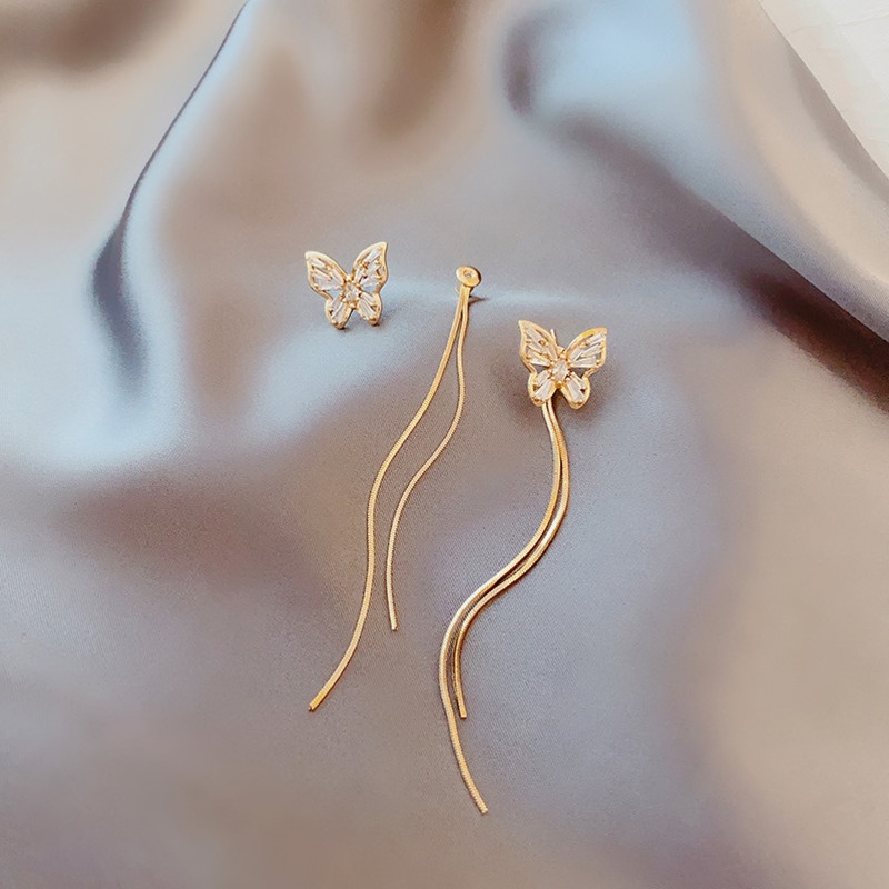 [Women Korean Long Tassel Butterfly Rhinestone Sweet Stud Earrings] [Girls Elegant Temperament Butterfly Hanging Earrings] [INS Simple Style Bridal Wedding Party Ear Jewelry Gifts]