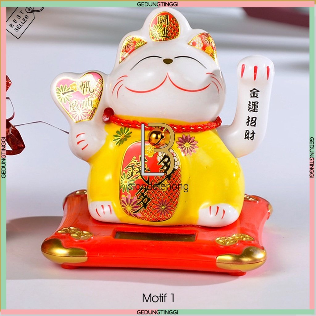 Patung Pajangan Boneka Dekorasi Lucky Cat Maneki Neko Maneko Neki Kalung Kucing Panggil Hoki Keberuntungan Rejeki Rezeki Keramik Cahaya Solar Non Baterai Batre Batrai Tangan Goyang Gerak Dashboard Mobil Toko Kasir Cafe Kecil Mini Lucu Cina Jepang Murah