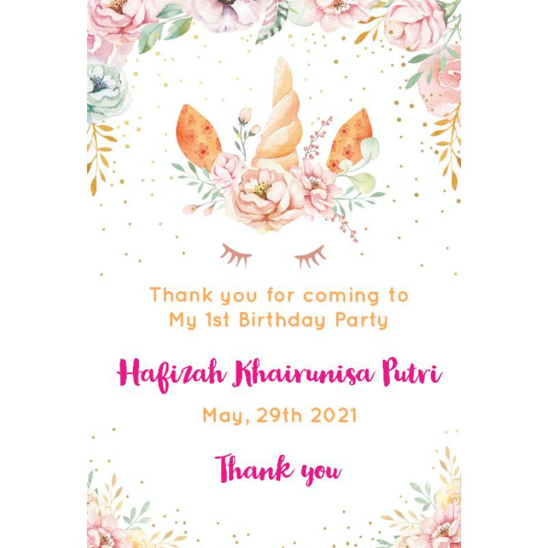 Kartu Ucapan Terima Kasih Ulang Tahun/  Thanks card Tema Unicorn