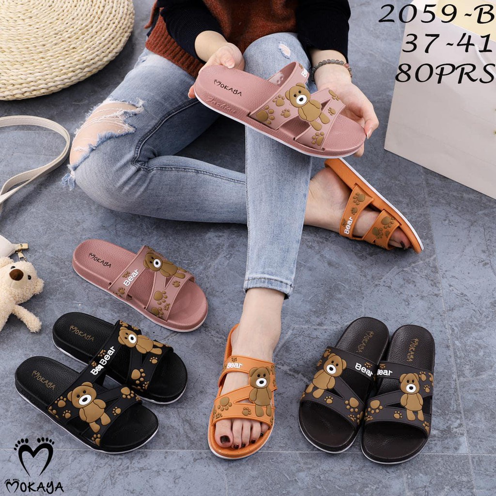 Sandal slop wanita zigzag motif bear cute cantik keren Import Mokaya / size 37-41(2059-B-24/-83)