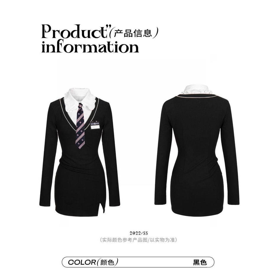 [✅BISA COD] #Sisjuly# Seragam preppy wanita palsu dua potong lengan panjang rajutan ramping gaun rajutan musim g