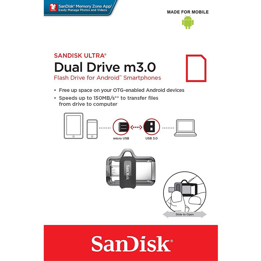 Flashdisk 16 GB | Dual Drive  OTG Micro USB Sandisk Dual Drive SDDD3 16GB - Garansi 5 Tahun