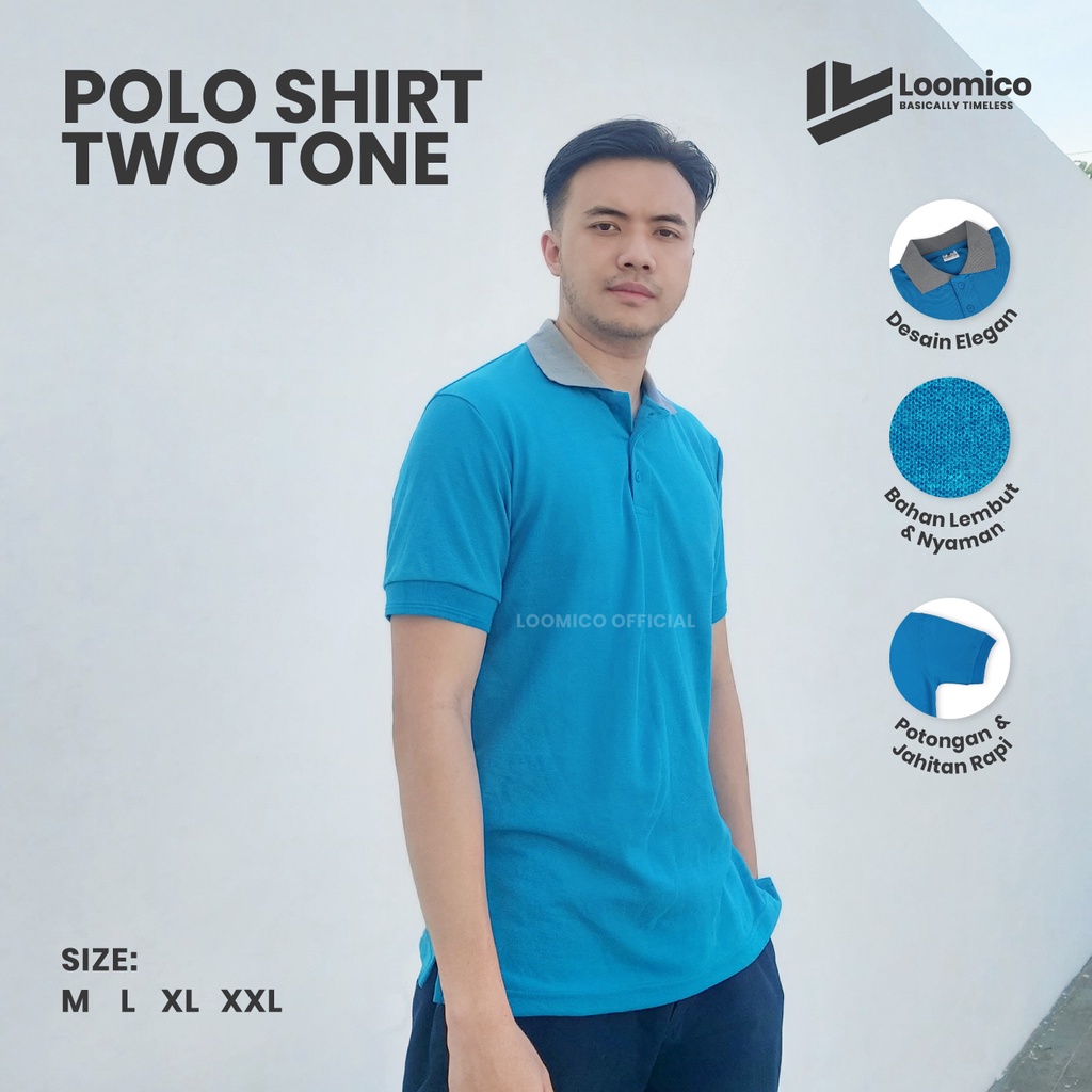 Loomico Premium Two Tone Polo Shirt CVC Lacoste Pique | Kaos Polo Kombinasi | Blue - Grey