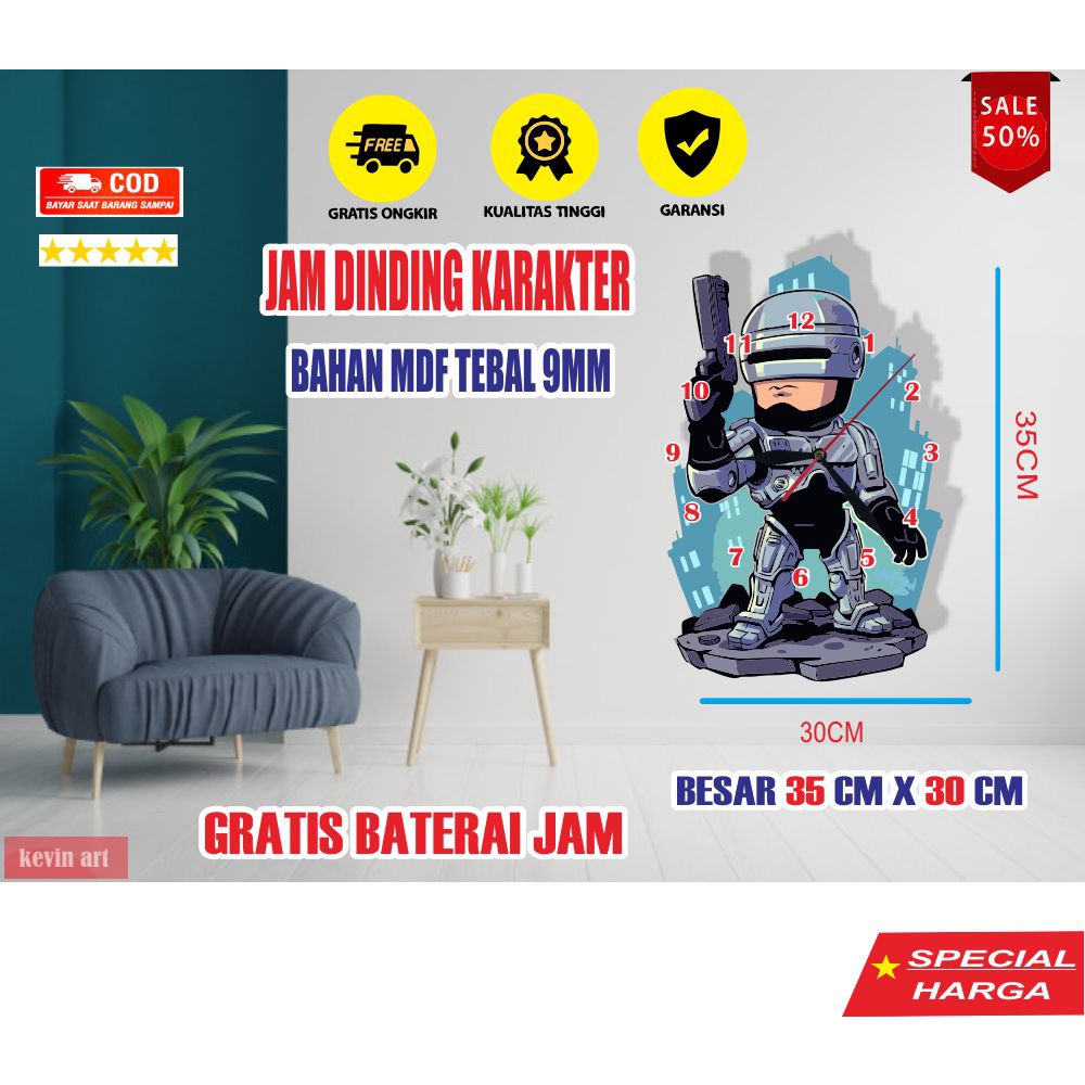 JAM DINDING UNIK DAN KEREN KARAKTER ROBOCOB FILM DEKORASI HIASAN DINDING KAMAR TIDUR WALL DECOR CUSTOM  KEREN PAJANGAN DINDING KAMAR TIDUR ANAK COWO