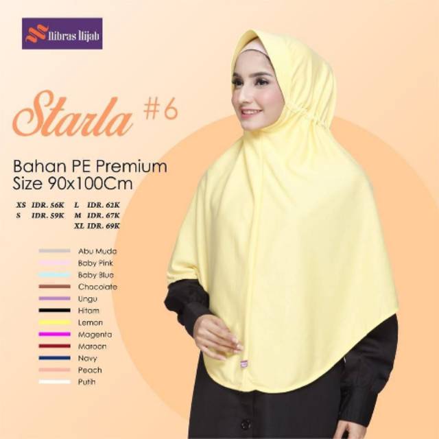 Starla Pad 6 Nibras Hijab Hitam Magenta Baby Pink Blue Abu Muda Chocolate Lemon Navy Ungu XS S M L