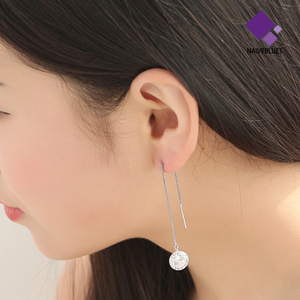 1 Pasang Anting Menjuntai Bentuk Bulat Bahan Cubic Zirconia Warna Silver Untuk Wanita