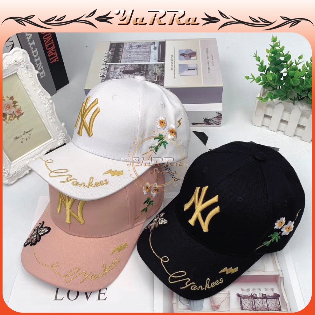 TOPI WANITA KOREA SNAPBACK NY DISTRO BASEBALL CAP YANKEES MOTIF BORDIR KUPU KUPU TQC