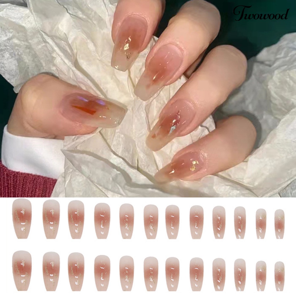 Twowood 24Pcs / Box Kuku Palsu Warna Caramel Gradasi Bahan ABS Untuk Nail Art