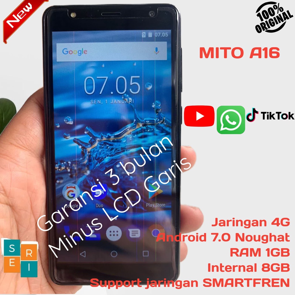 HP MITO Android A16 Jaringan 4G MINUS LCD Garis RAM 1GB Internal 8GB + Tambahan SD Card VGen 8GB Cla