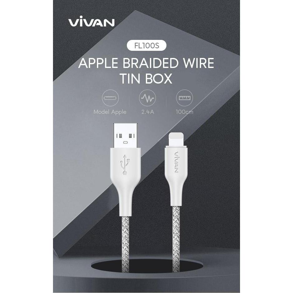 Vivan FL100S 2.4A 100cm Braided Wire Tin Box Data Cable Lightning with Velcro Strap