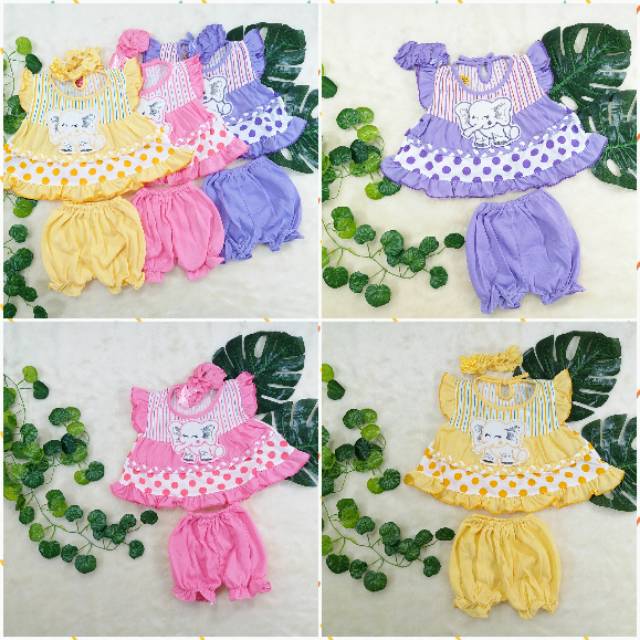 Setelan Baju Bayi 0-9bulan / gratis Bando / Baju Anak Bayi Perempuan Bahan Kaus Set